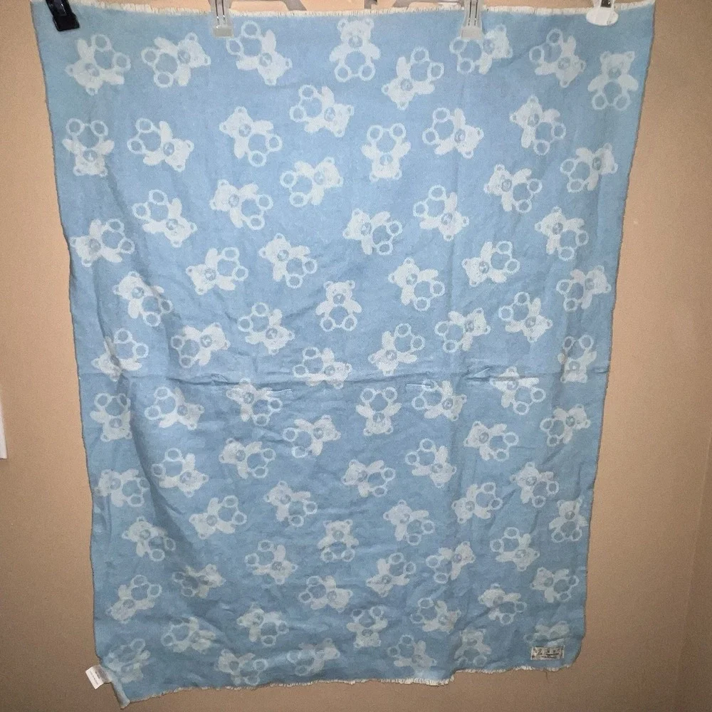 Baby Blanket Blue Teddy Bear La Copertina ITALY Cotton Blend Fringe Receiving